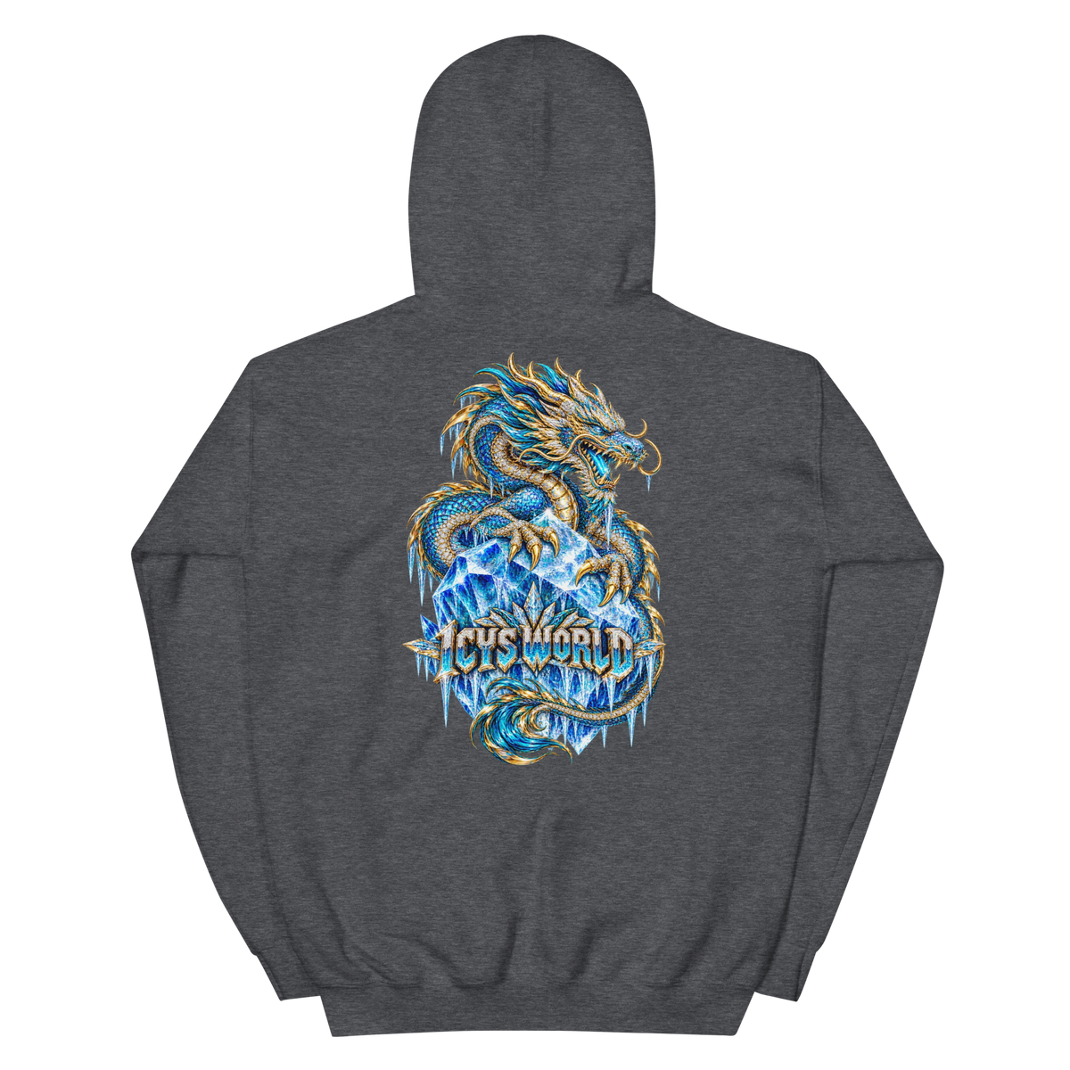 ICYS WORLD Ice Dragon Hoodie – iced-out streetwear graphic hoodie, dark heather, back view
