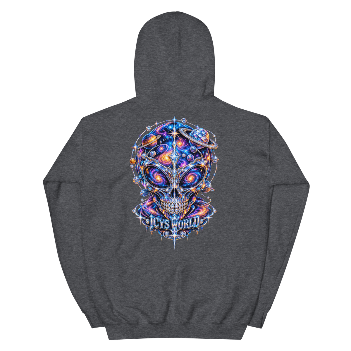 ICYS WORLD Galaxy Skull Hoodie – iced-out streetwear graphic hoodie, dark heather, back view