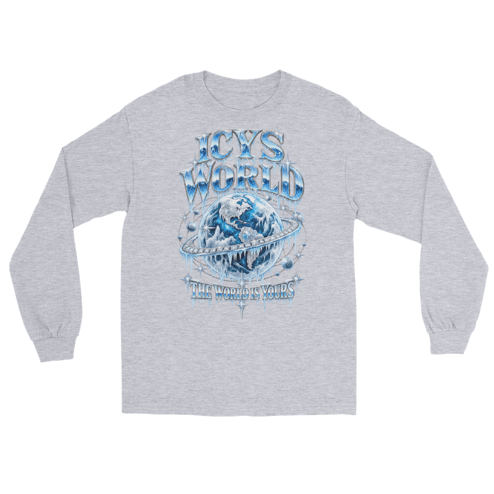 ICYS WORLD Globe Long Sleeve – iced-out streetwear long sleeve graphic tee, sport grey, front view