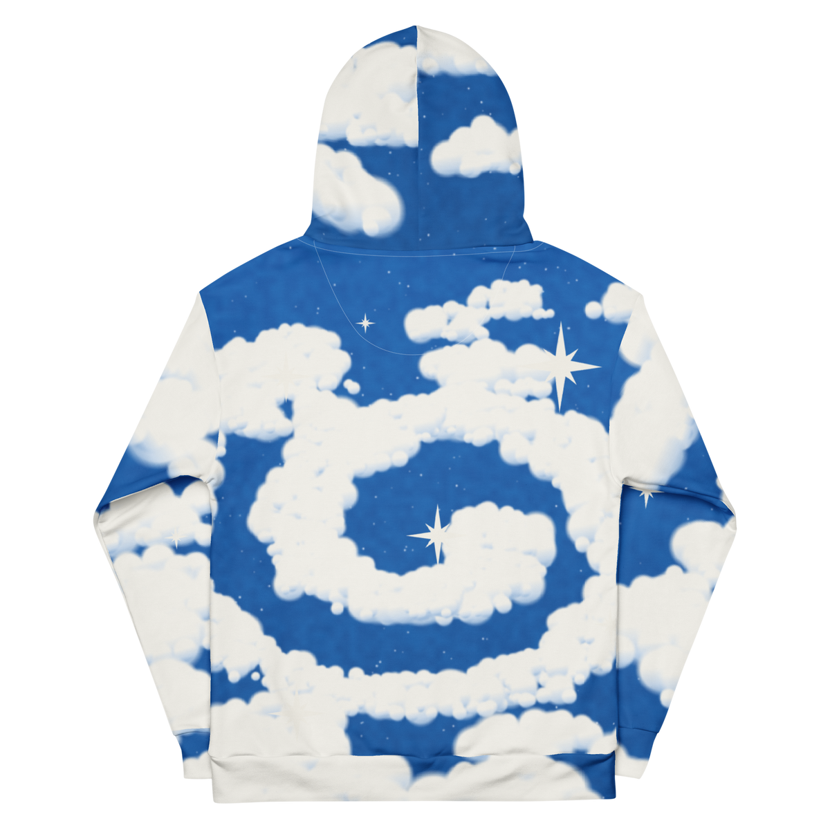 ICYS WORLD Cloud Nine all-over print hoodie, back: cloud swirl and stars on cobalt blue