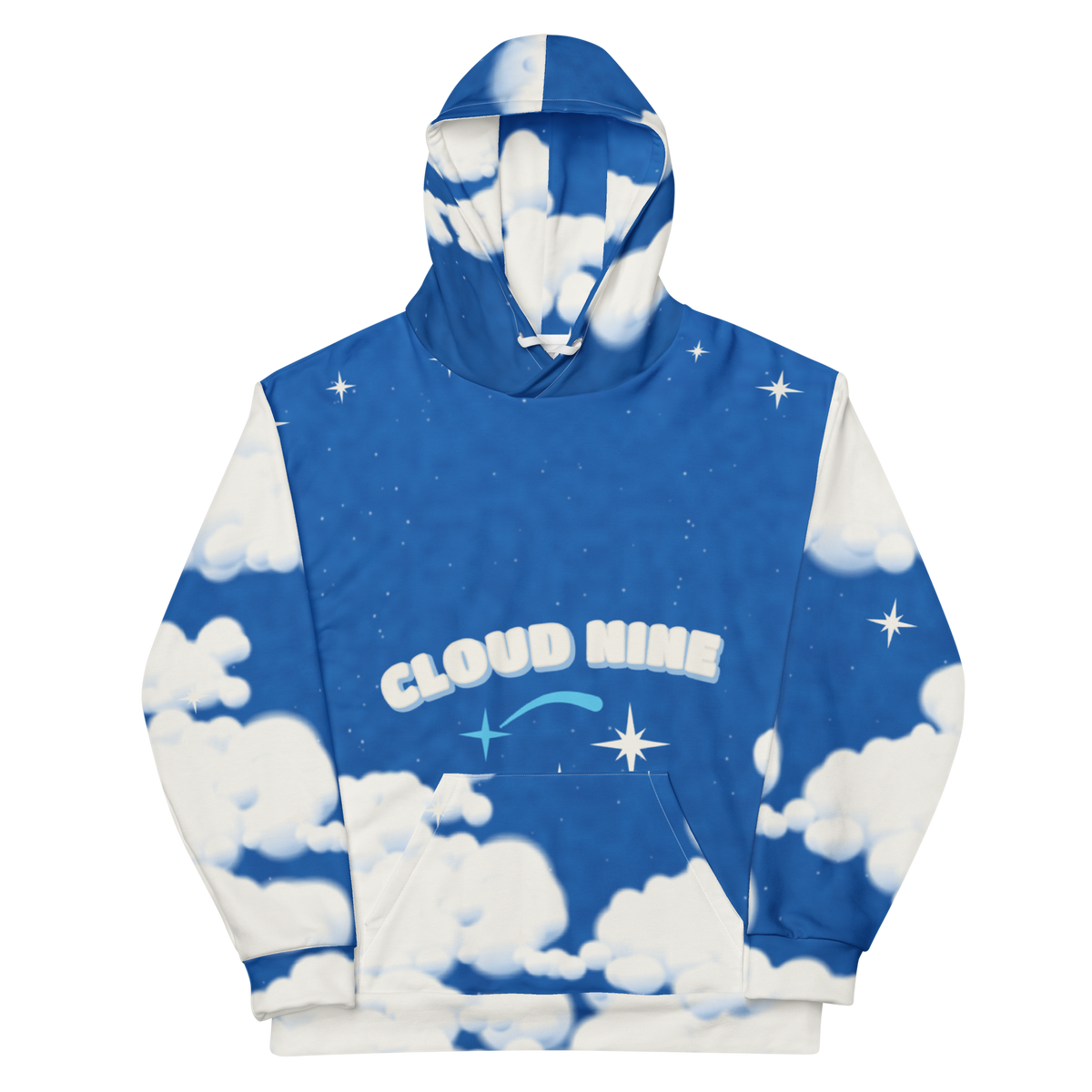 ICYS WORLD Cloud Nine all-over print hoodie, front: cobalt blue with clouds, stars and CLOUD NINE lettering