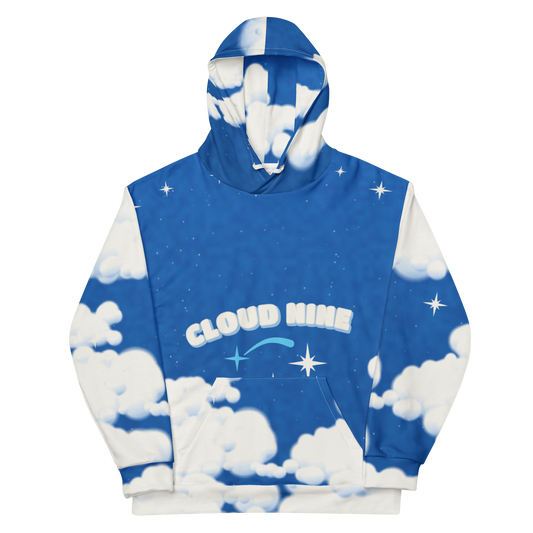 ICYS WORLD Cloud Nine all-over print hoodie, front: cobalt blue with clouds, stars and CLOUD NINE lettering
