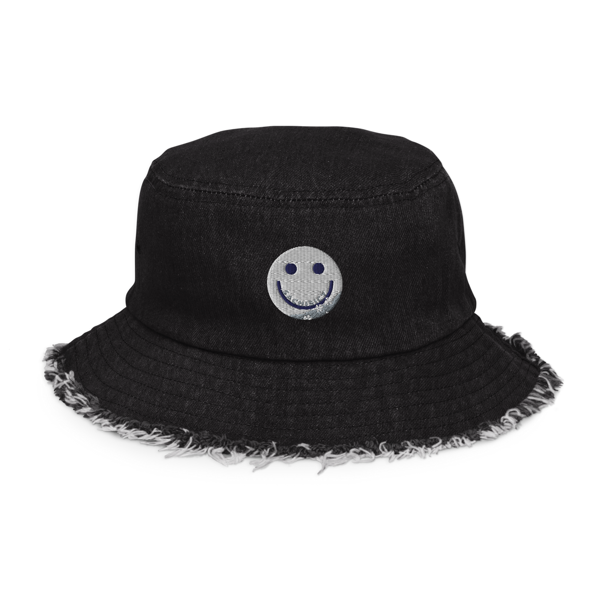 ICY Dome Covers distressed denim bucket hat – black, front view