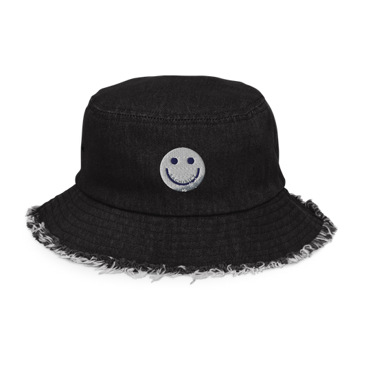 ICY Dome Covers distressed denim bucket hat – black, front view