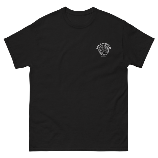 ICYS WORLD Tee – iced-out streetwear graphic tee, black, front view