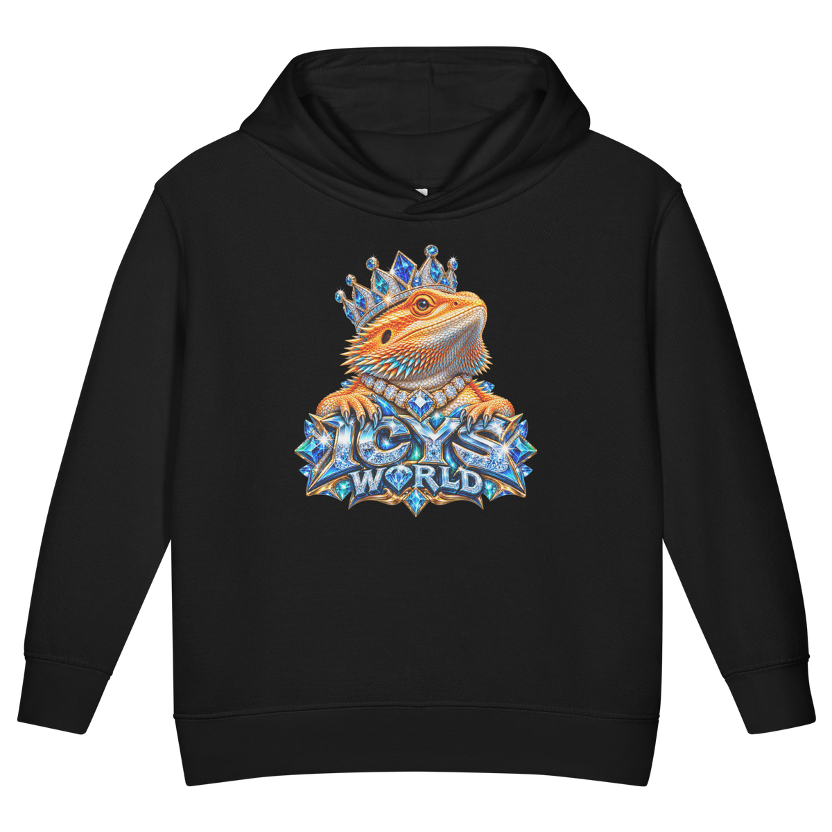 ICYS WORLD Kids Crown Lizard Hoodie – iced-out streetwear toddler graphic hoodie, black, front view