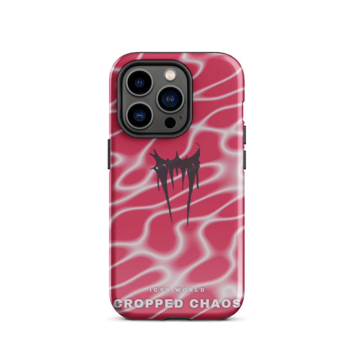 ICYS WORLD Cropped Chaos iPhone case on iPhone 14 Pro, glossy finish