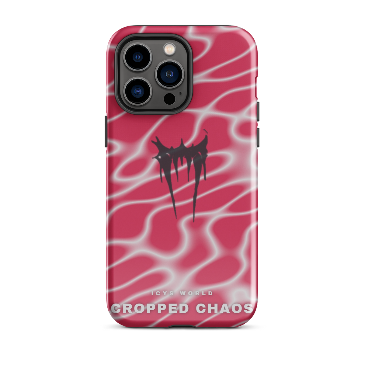 ICYS WORLD Cropped Chaos iPhone case on iPhone 14 Pro Max, glossy finish