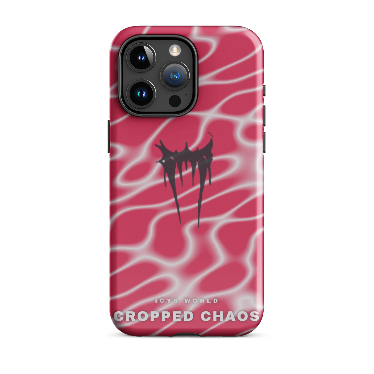ICYS WORLD Cropped Chaos iPhone case on iPhone 15 Pro Max, glossy finish