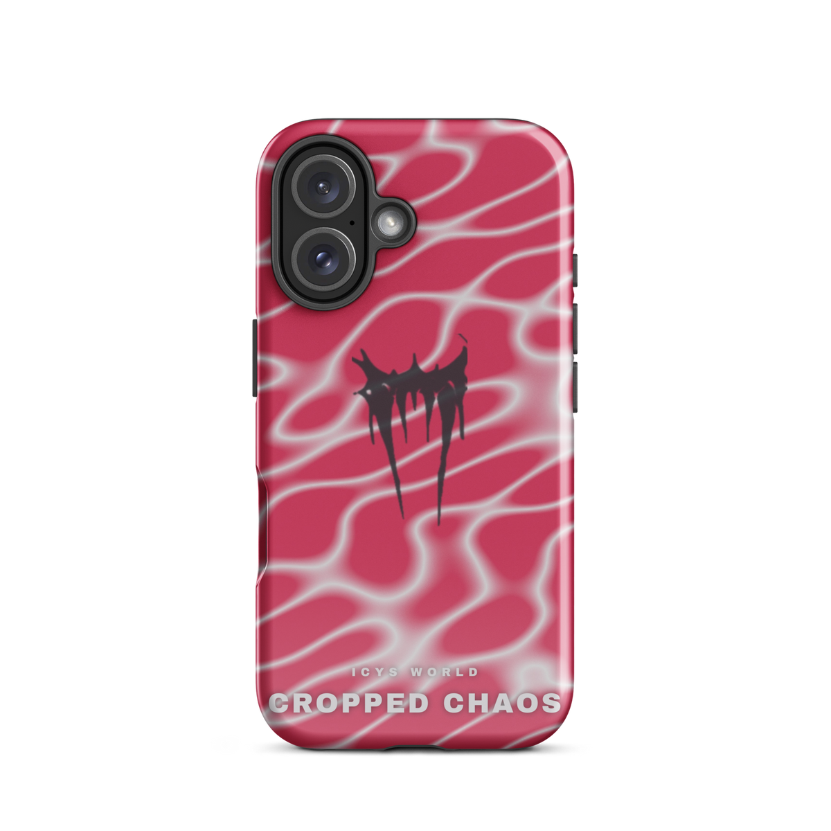 ICYS WORLD Cropped Chaos iPhone case on iPhone 16, glossy finish