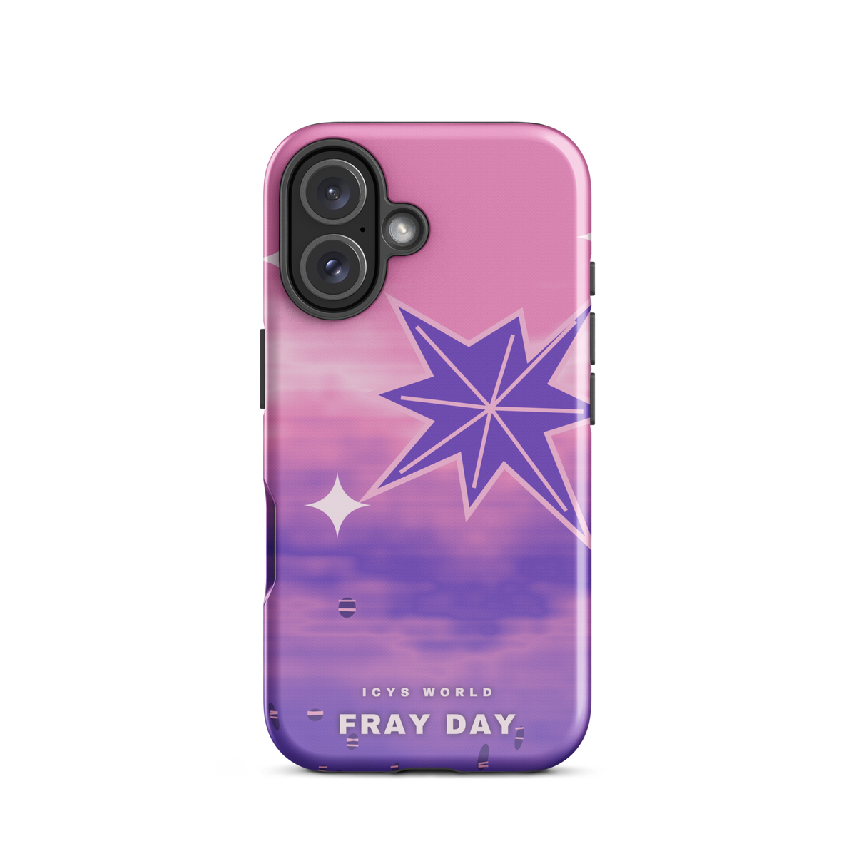 ICYS WORLD Fray Day iPhone case on iPhone 16, glossy finish