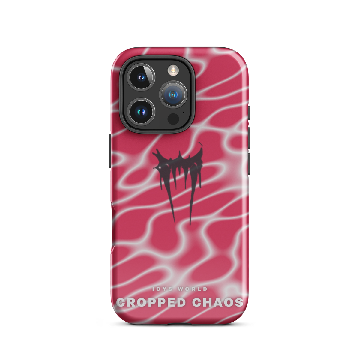ICYS WORLD Cropped Chaos iPhone case on iPhone 16 Pro, glossy finish