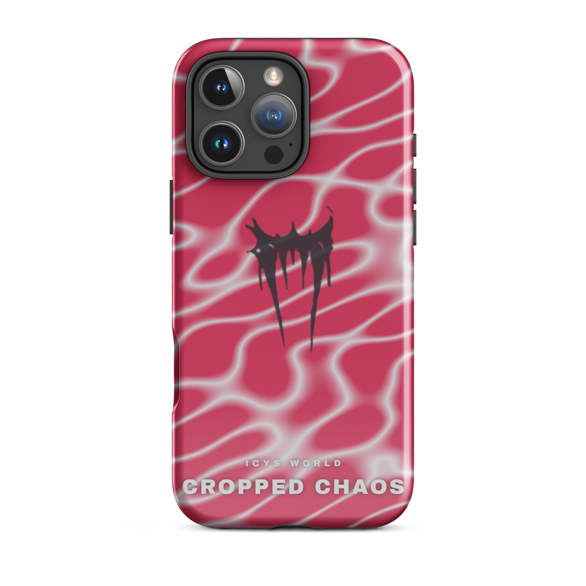 ICYS WORLD Cropped Chaos iPhone case on iPhone 16 Pro Max, glossy finish