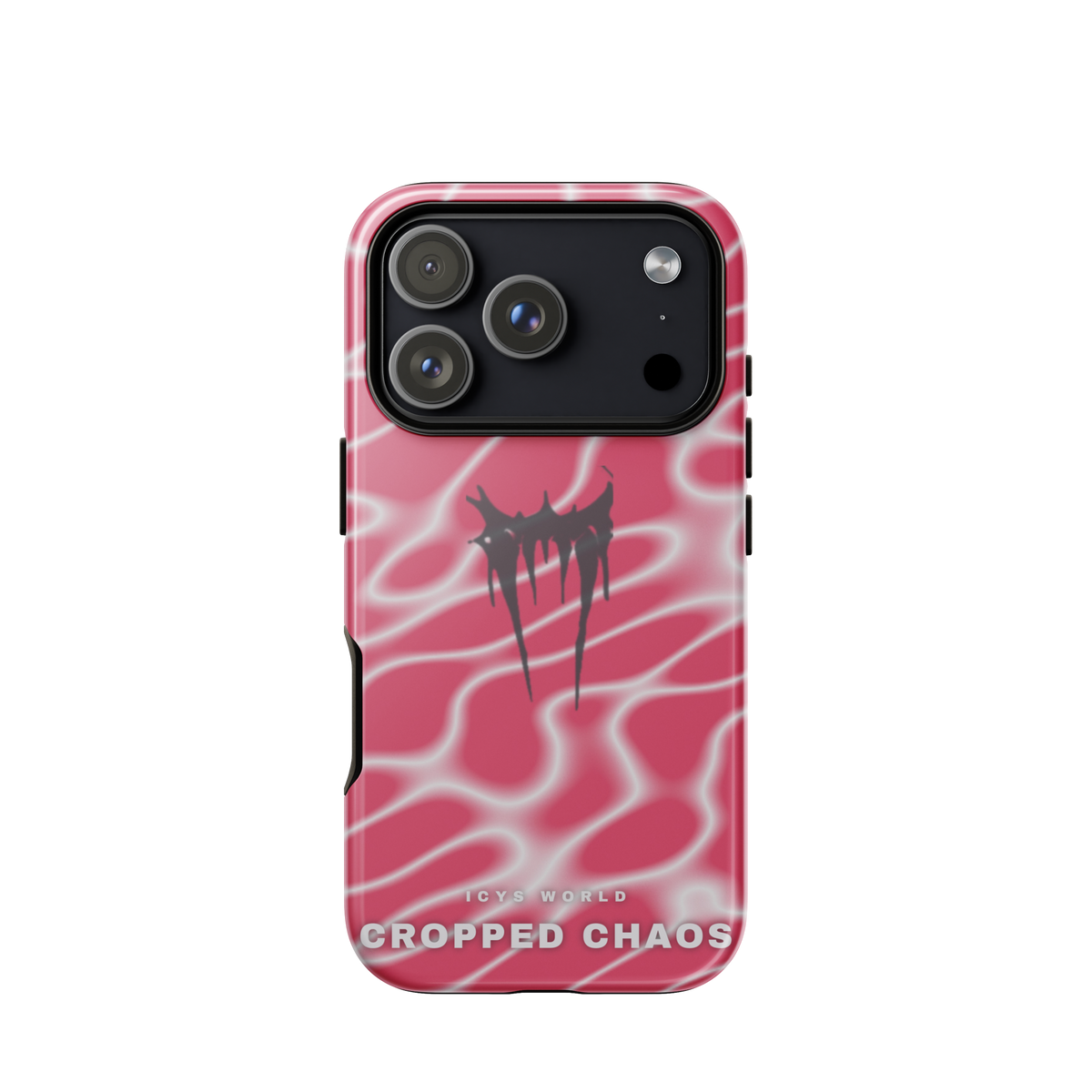 ICYS WORLD Cropped Chaos iPhone case on iPhone 17 Pro, glossy finish