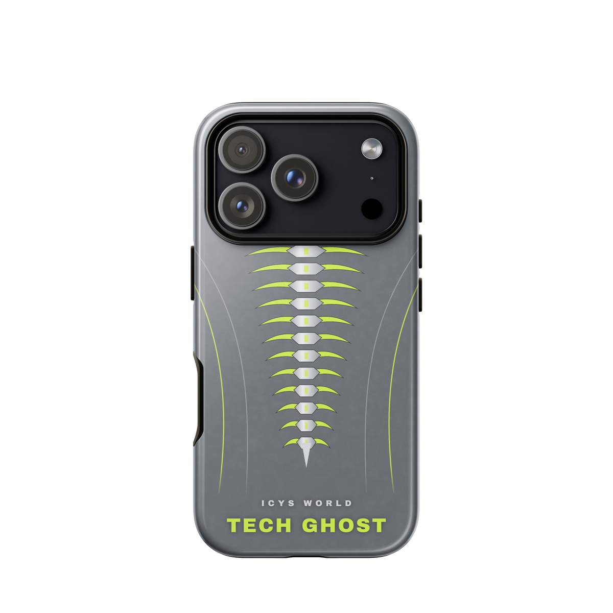 ICYS WORLD Tech Ghost iPhone case on iPhone 18 Pro, glossy finish
