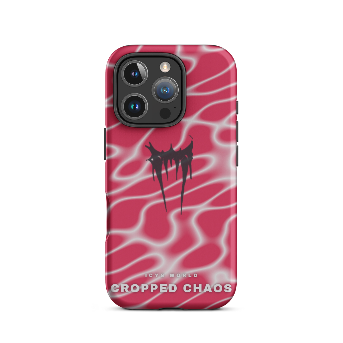 ICYS WORLD Cropped Chaos iPhone case on iPhone 16 Pro, matte finish