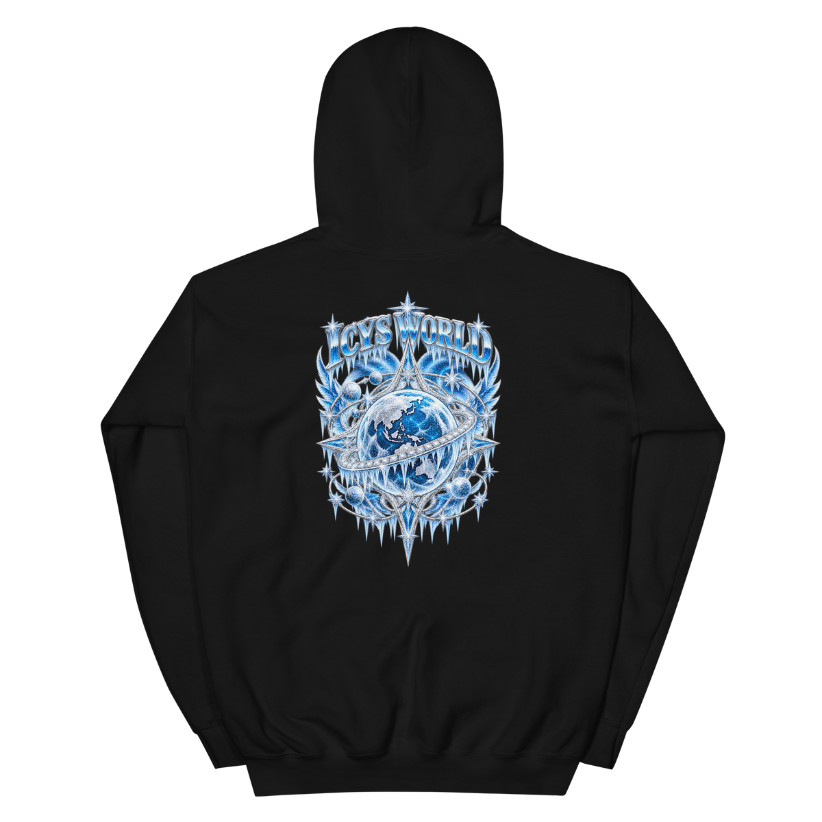 ICYS WORLD Winged Globe Hoodie – iced-out streetwear graphic hoodie, black, back view