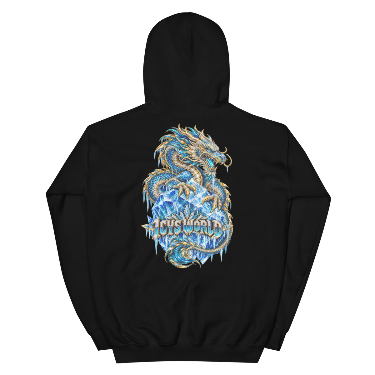 ICYS WORLD Ice Dragon Hoodie – iced-out streetwear graphic hoodie, black, back view