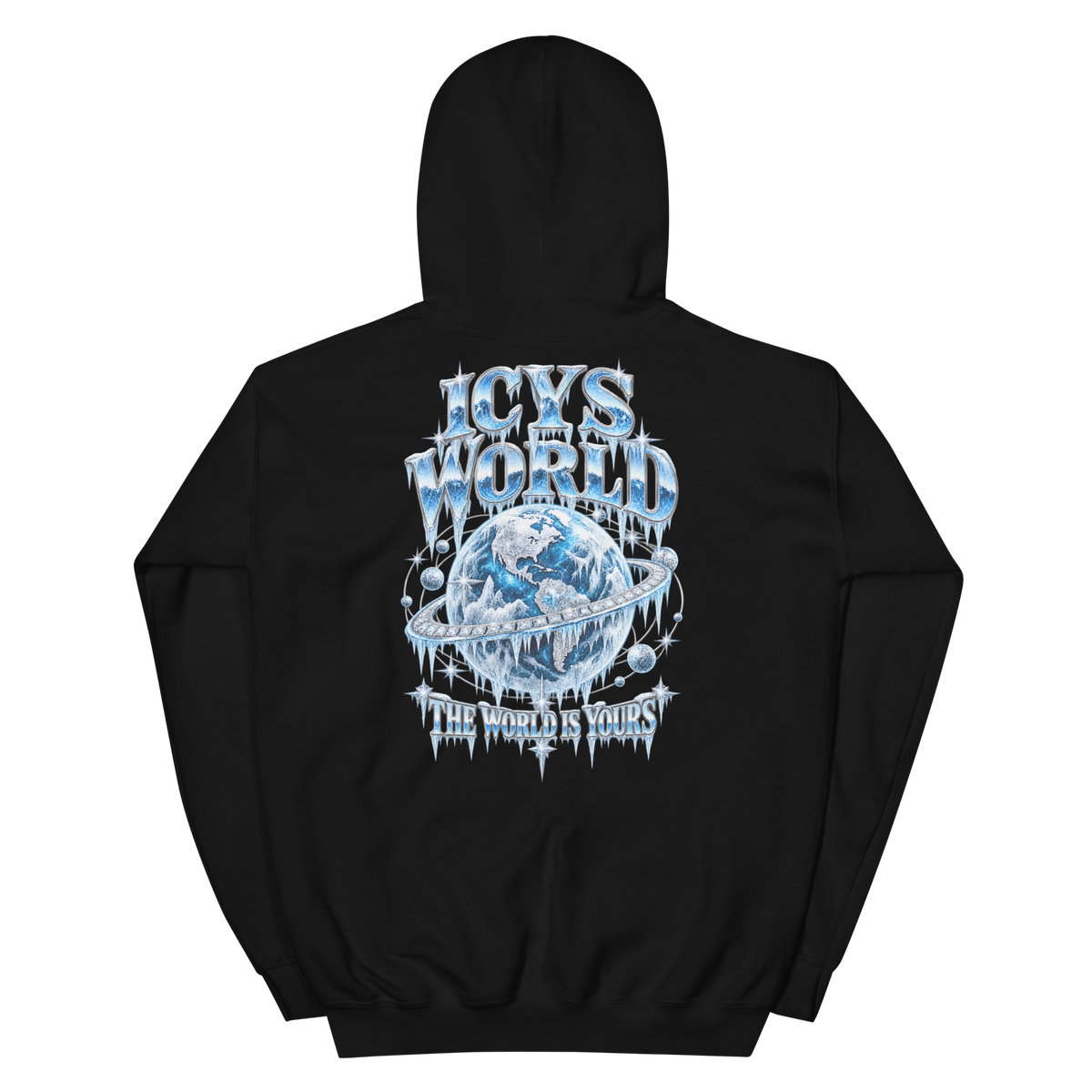 ICYS WORLD The World Is Yours Hoodie – iced-out streetwear graphic hoodie, black, back view