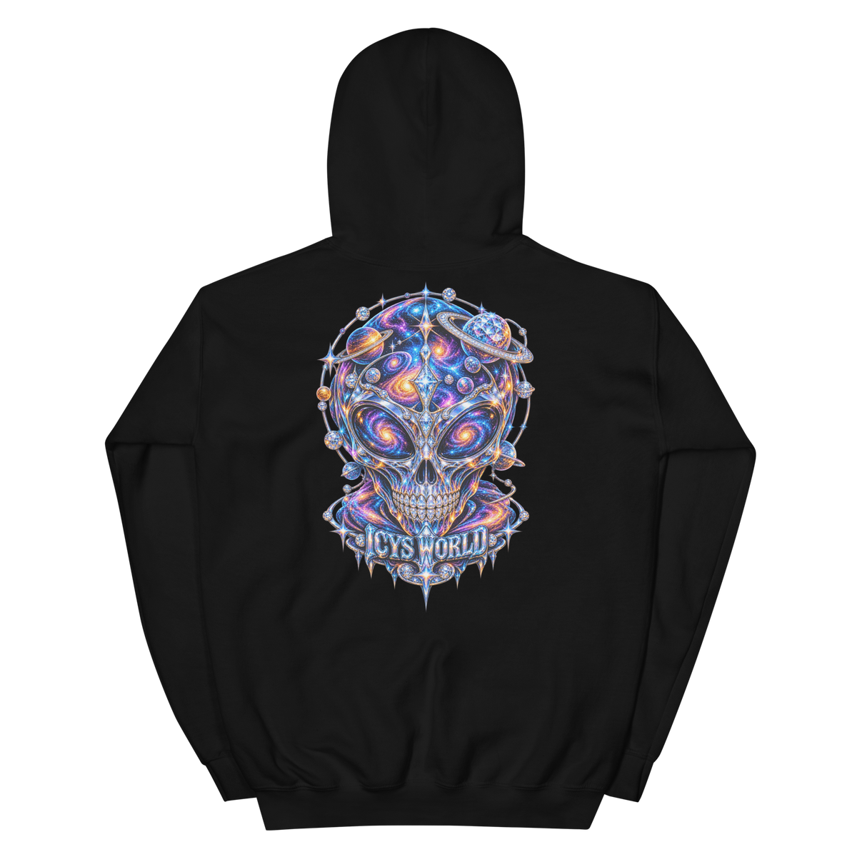 ICYS WORLD Galaxy Skull Hoodie – iced-out streetwear graphic hoodie, black, back view