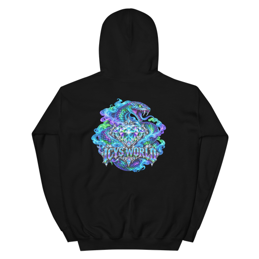 ICYS WORLD Diamond Serpent Hoodie – iced-out streetwear graphic hoodie, black, back view