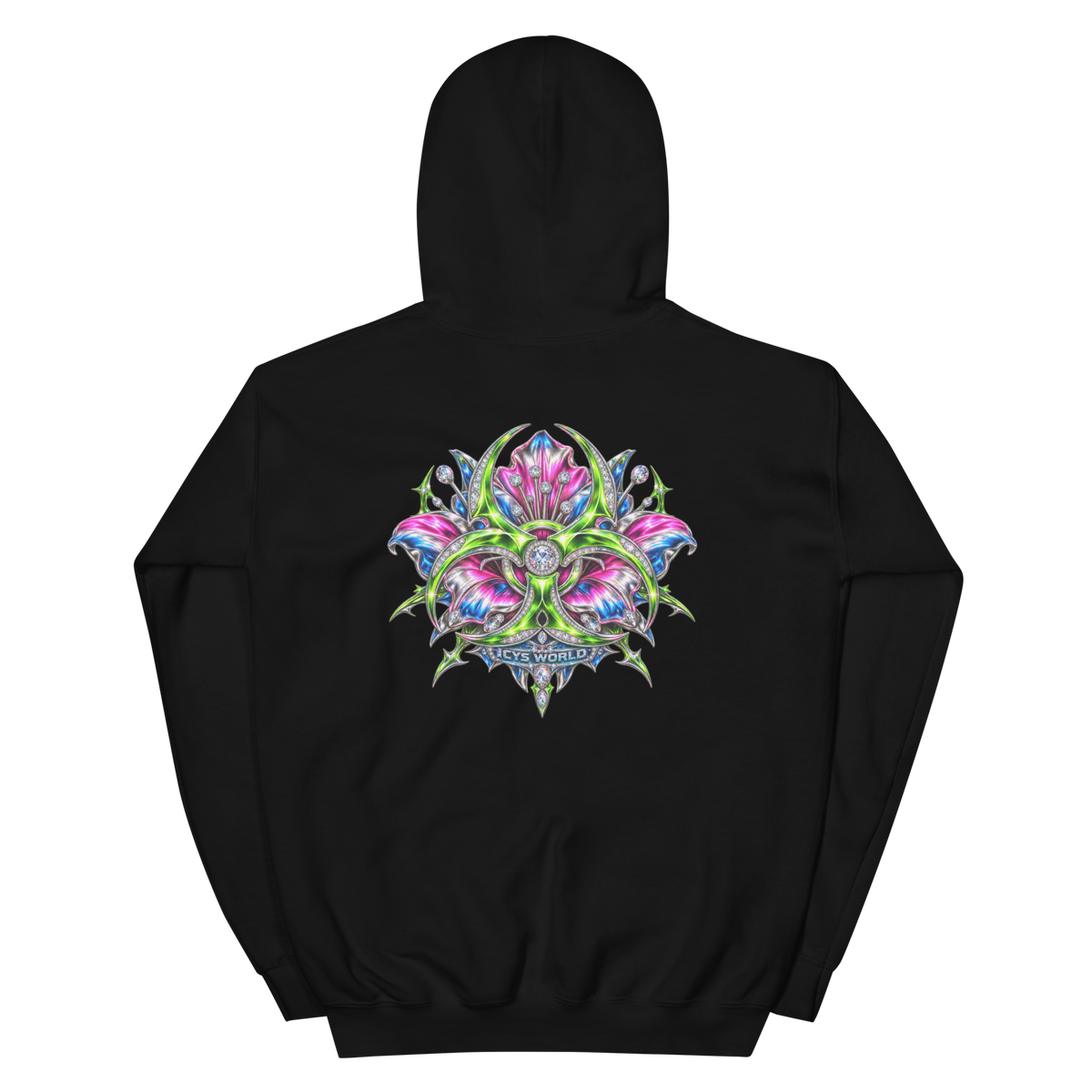ICYS WORLD Alien Locust Hoodie – iced-out streetwear graphic hoodie, black, back view