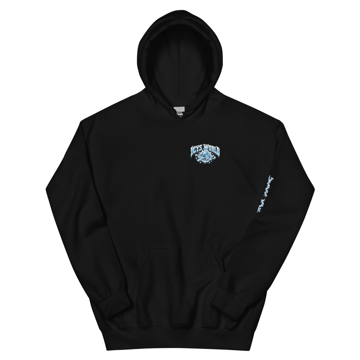 ICYS WORLD The World Is Yours Hoodie – iced-out streetwear graphic hoodie, black, front view