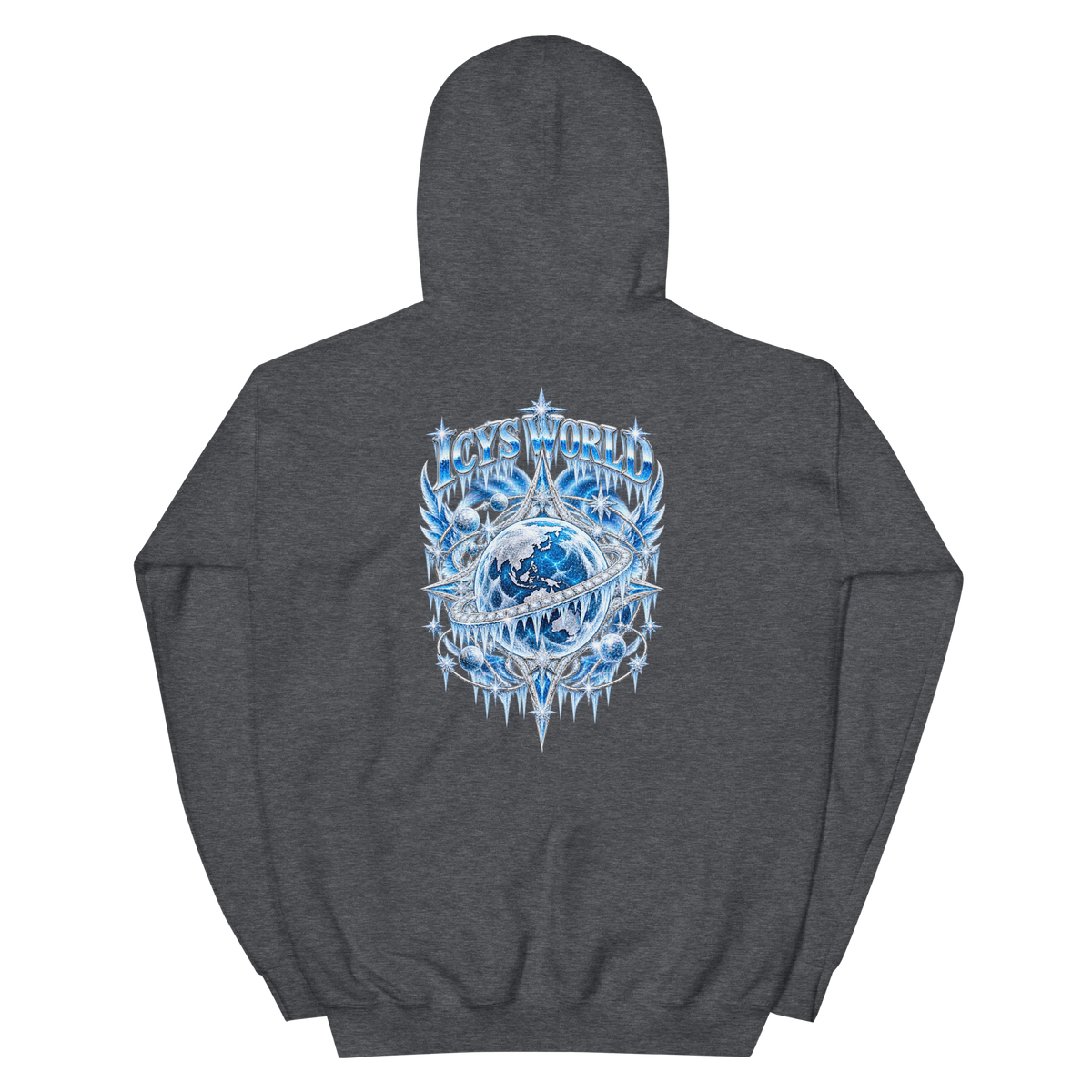 ICYS WORLD Winged Globe Hoodie – iced-out streetwear graphic hoodie, dark heather, back view