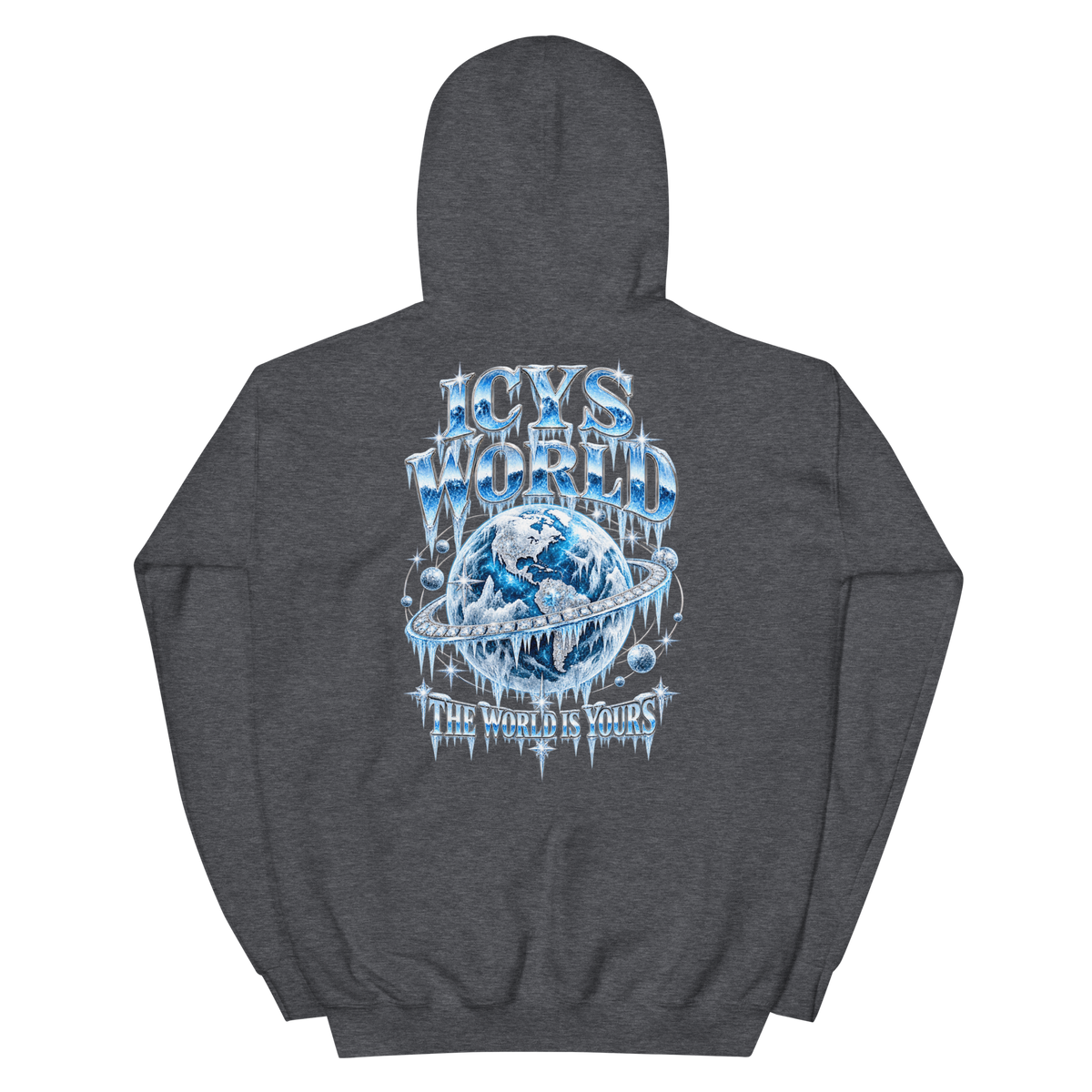 ICYS WORLD The World Is Yours Hoodie – iced-out streetwear graphic hoodie, dark heather, back view
