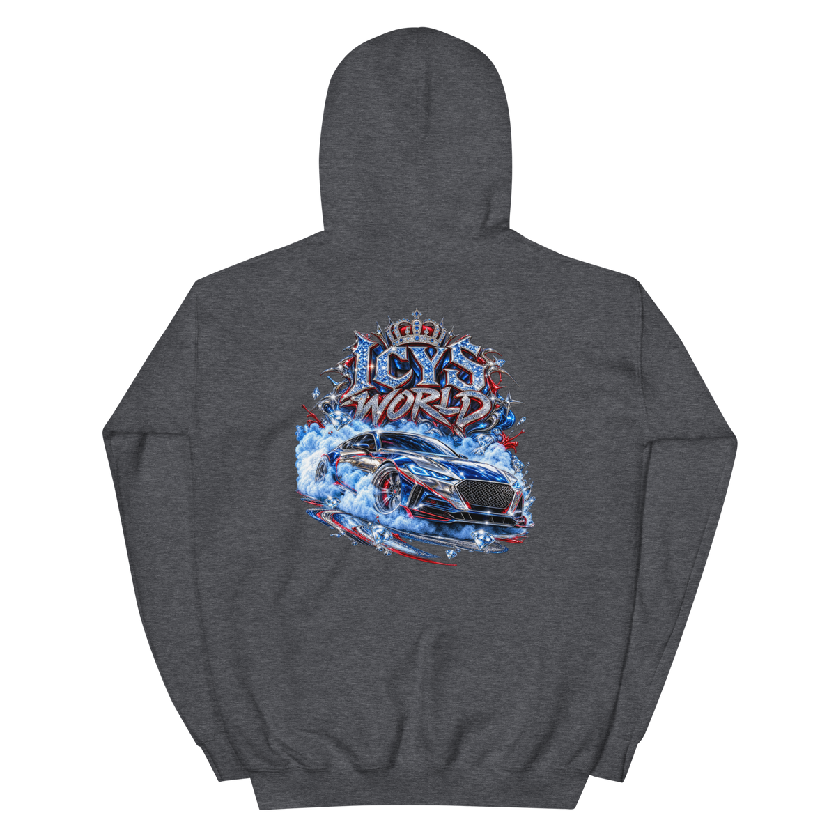 ICYS WORLD Drift King Hoodie – iced-out streetwear graphic hoodie, dark heather, back view
