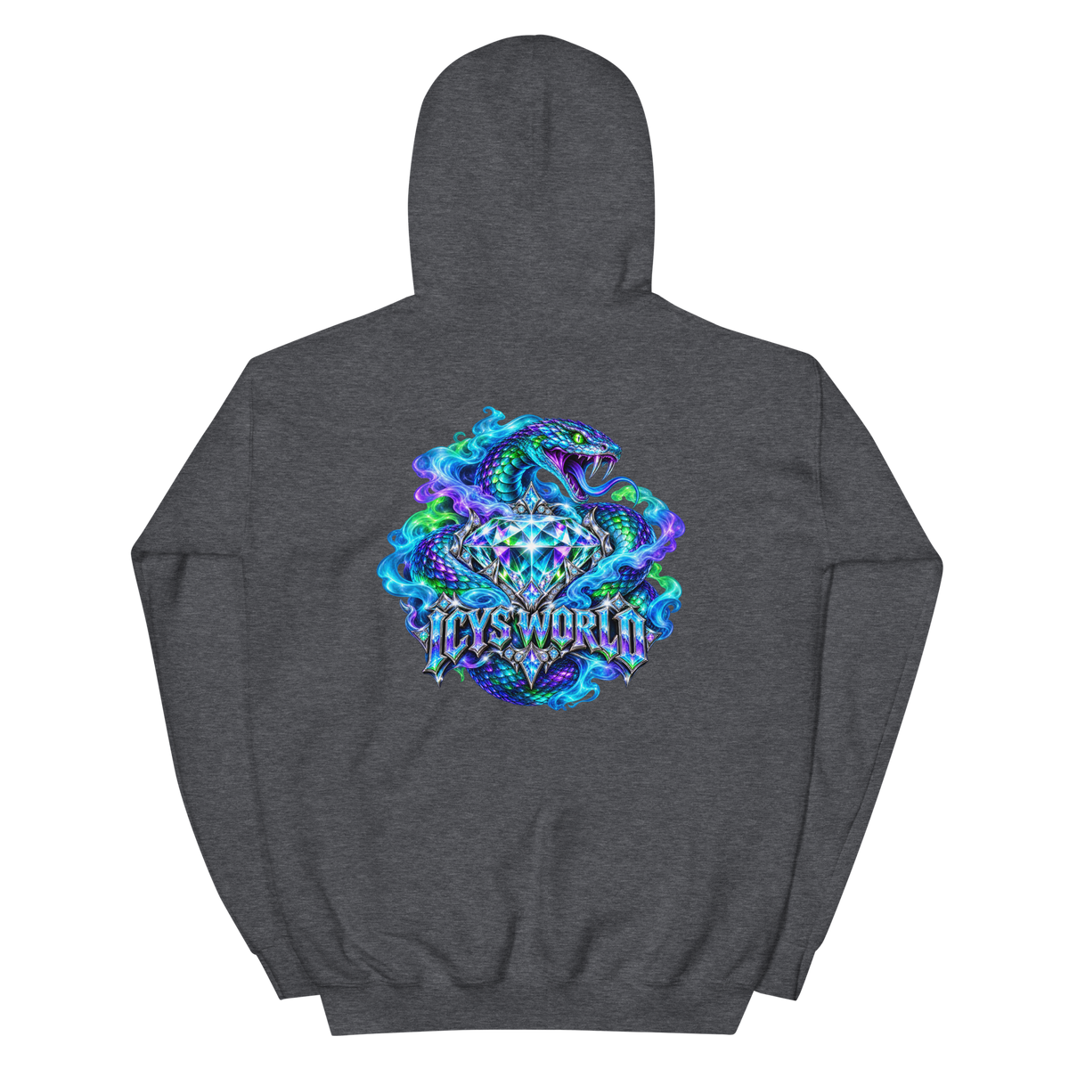 ICYS WORLD Diamond Serpent Hoodie – iced-out streetwear graphic hoodie, dark heather, back view