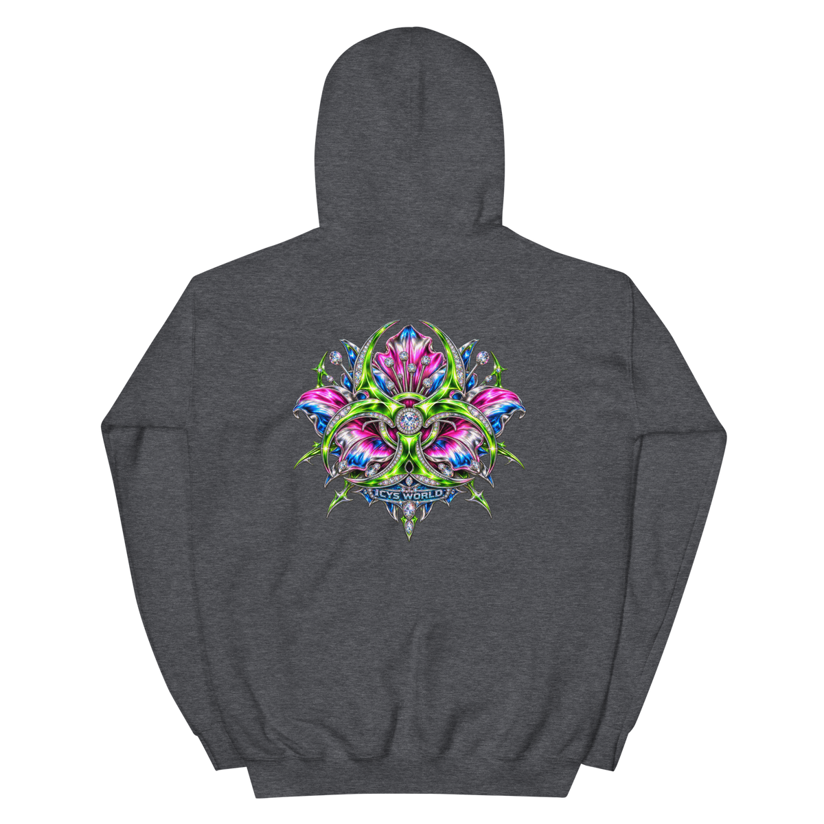 ICYS WORLD Alien Locust Hoodie – iced-out streetwear graphic hoodie, dark heather, back view