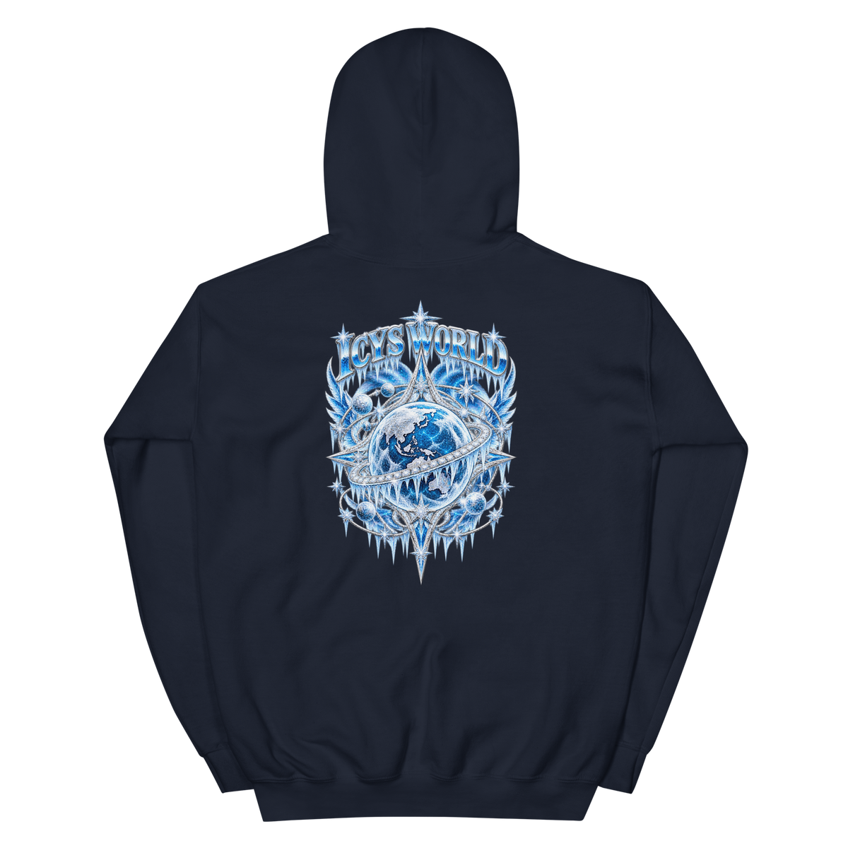 ICYS WORLD Winged Globe Hoodie – iced-out streetwear graphic hoodie, navy, back view