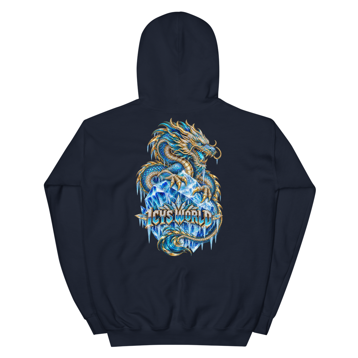 ICYS WORLD Ice Dragon Hoodie – iced-out streetwear graphic hoodie, navy, back view