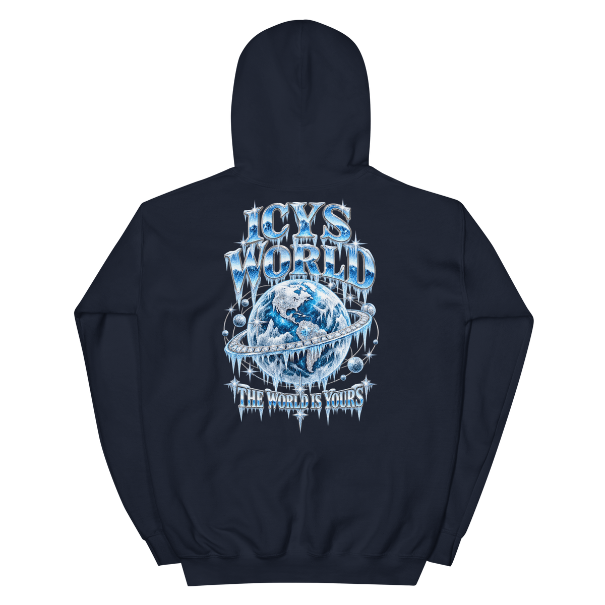 ICYS WORLD The World Is Yours Hoodie – iced-out streetwear graphic hoodie, navy, back view