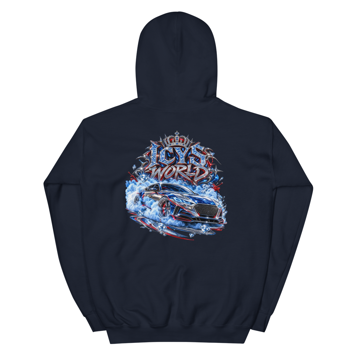 ICYS WORLD Drift King Hoodie – iced-out streetwear graphic hoodie, navy, back view