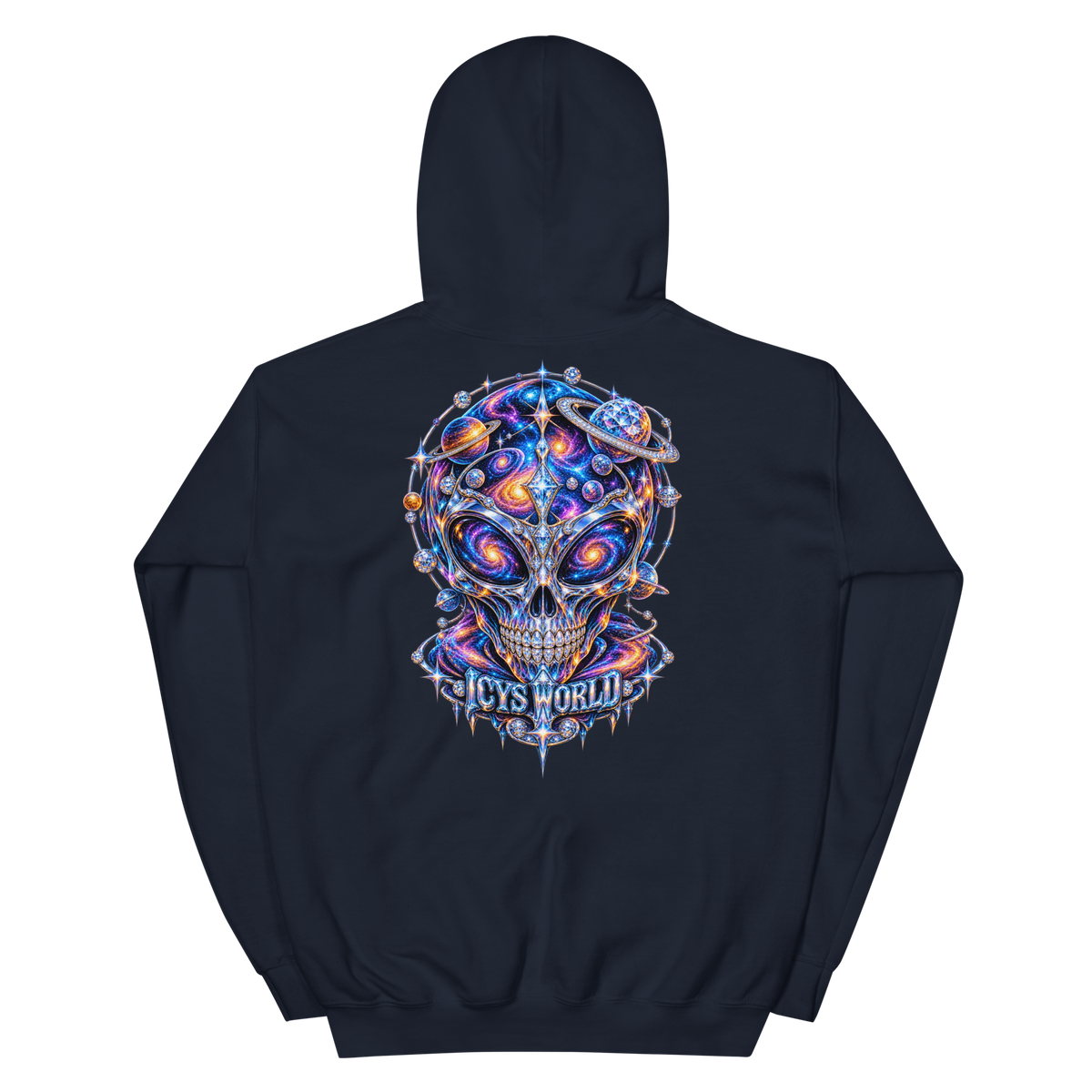 ICYS WORLD Galaxy Skull Hoodie – iced-out streetwear graphic hoodie, navy, back view