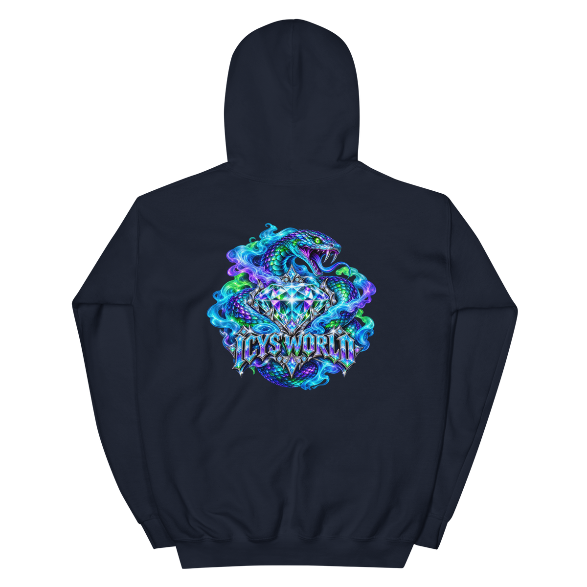 ICYS WORLD Diamond Serpent Hoodie – iced-out streetwear graphic hoodie, navy, back view