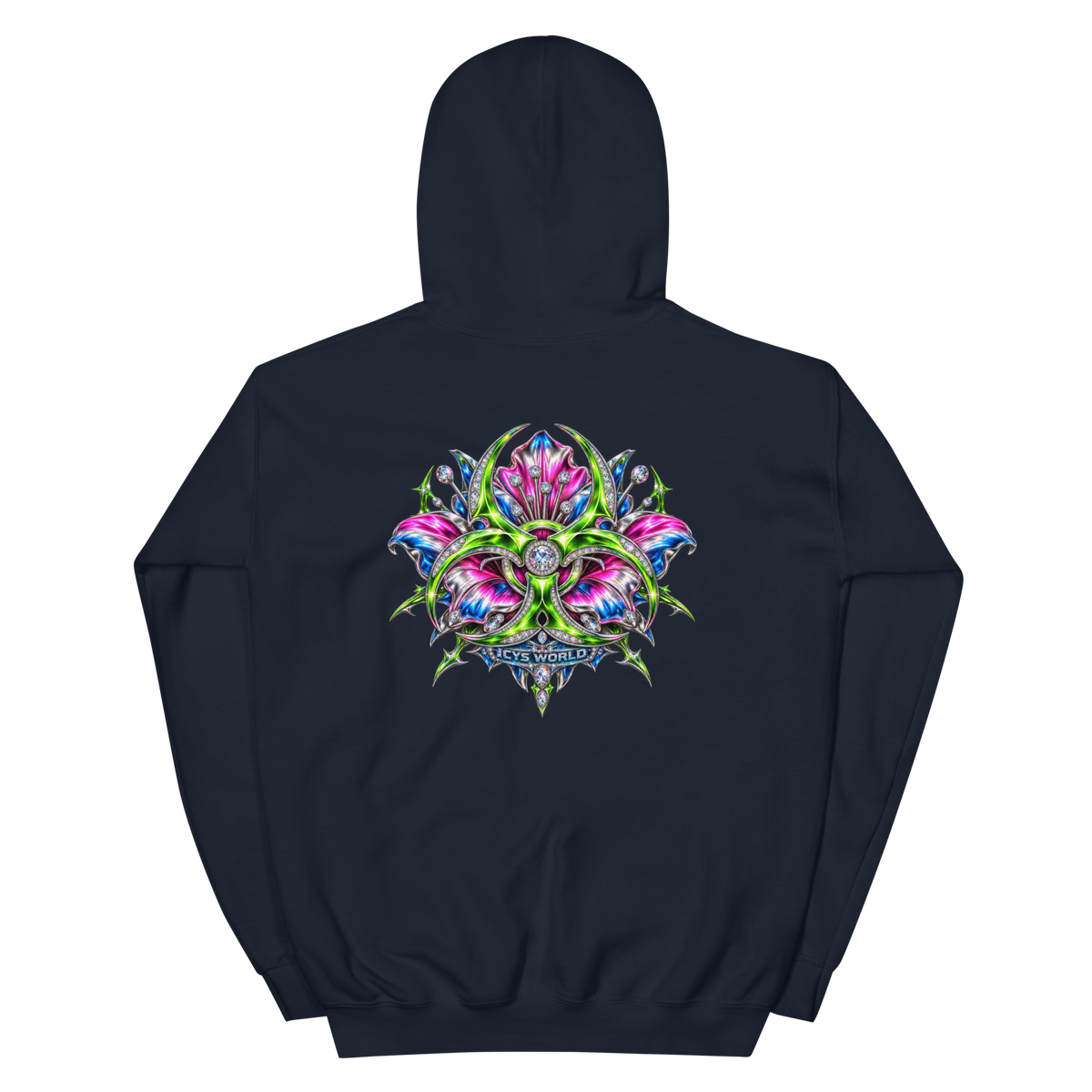 ICYS WORLD Alien Locust Hoodie – iced-out streetwear graphic hoodie, navy, back view