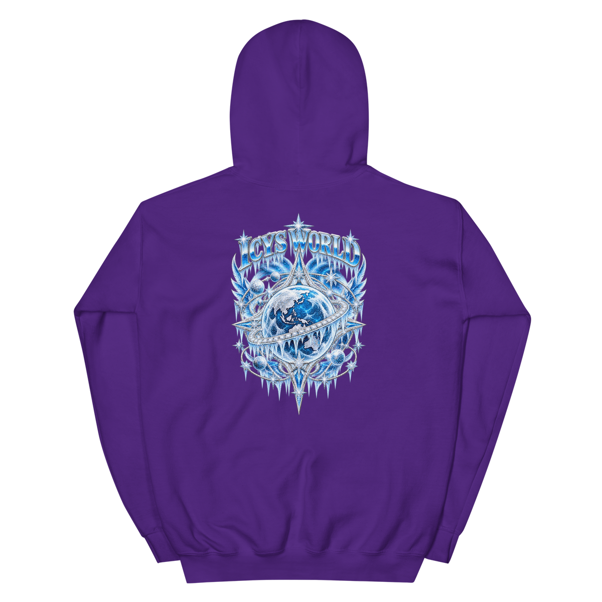 ICYS WORLD Winged Globe Hoodie – iced-out streetwear graphic hoodie, purple, back view