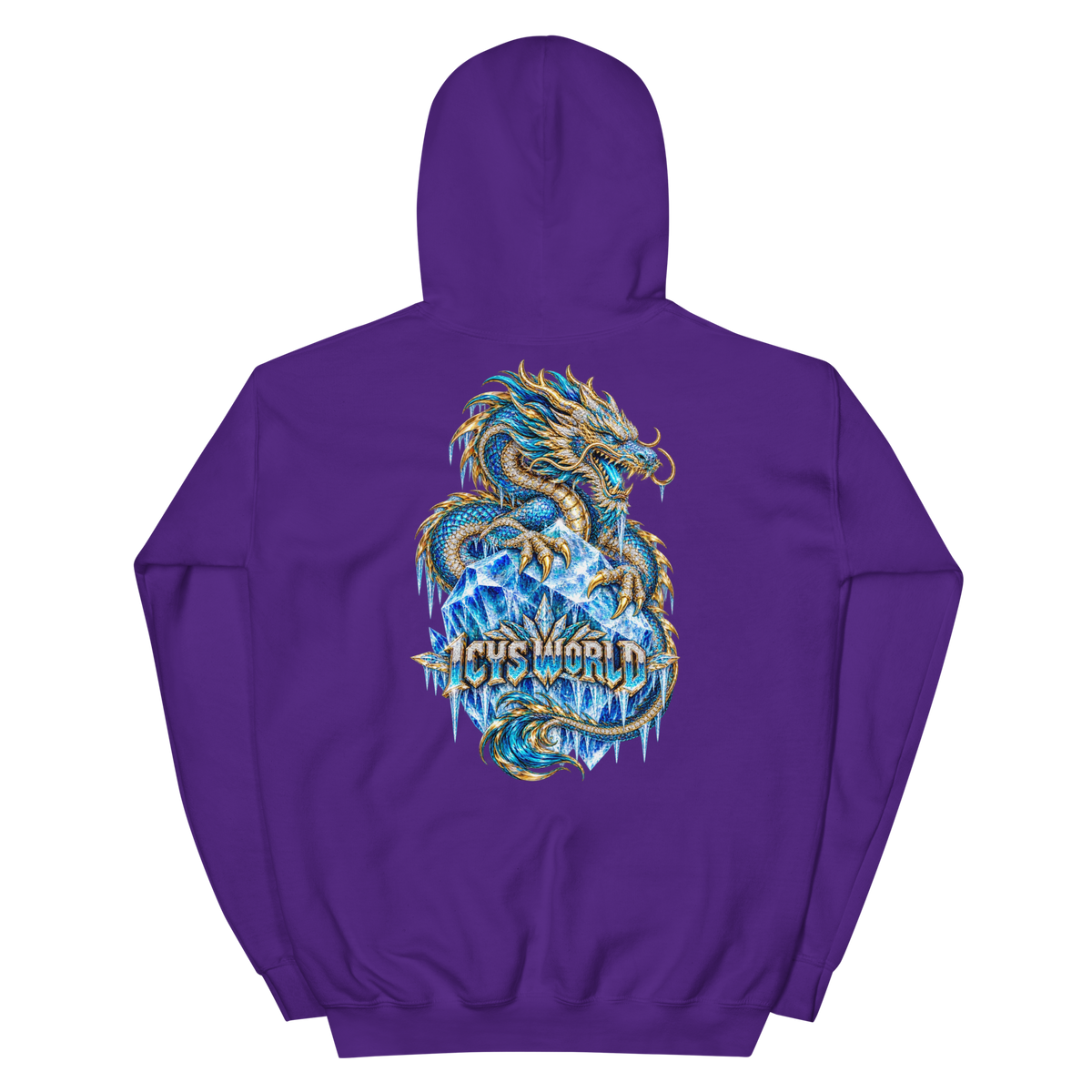 ICYS WORLD Ice Dragon Hoodie – iced-out streetwear graphic hoodie, purple, back view