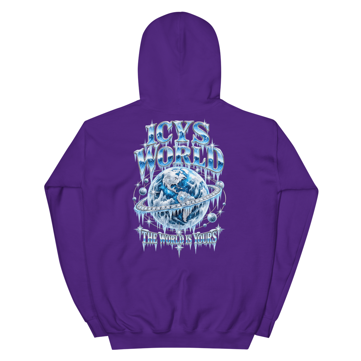 ICYS WORLD The World Is Yours Hoodie – iced-out streetwear graphic hoodie, purple, back view