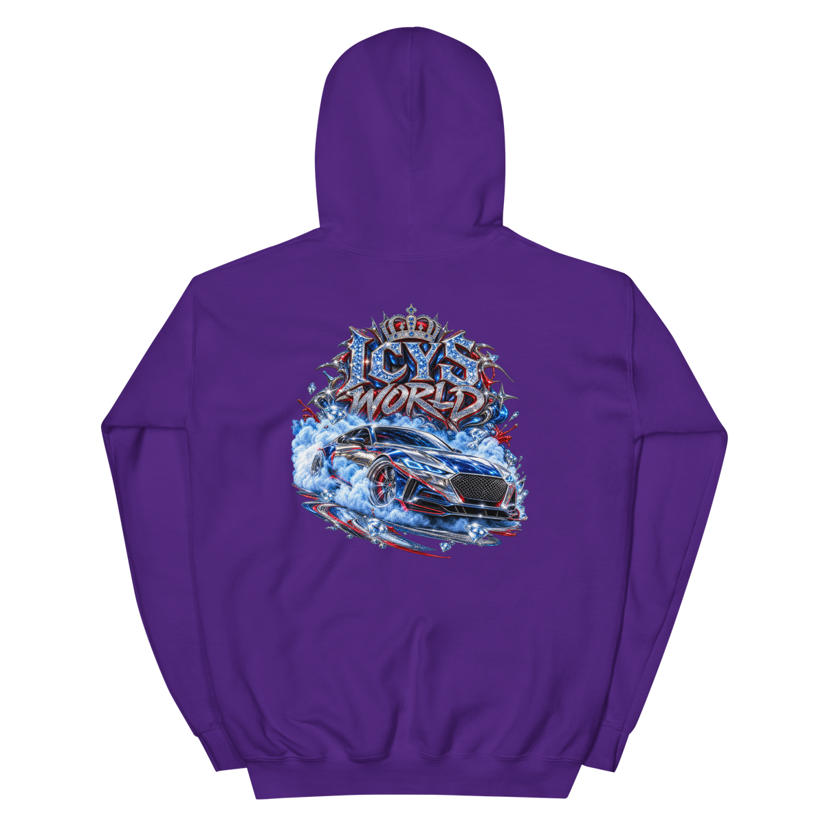 ICYS WORLD Drift King Hoodie – iced-out streetwear graphic hoodie, purple, back view