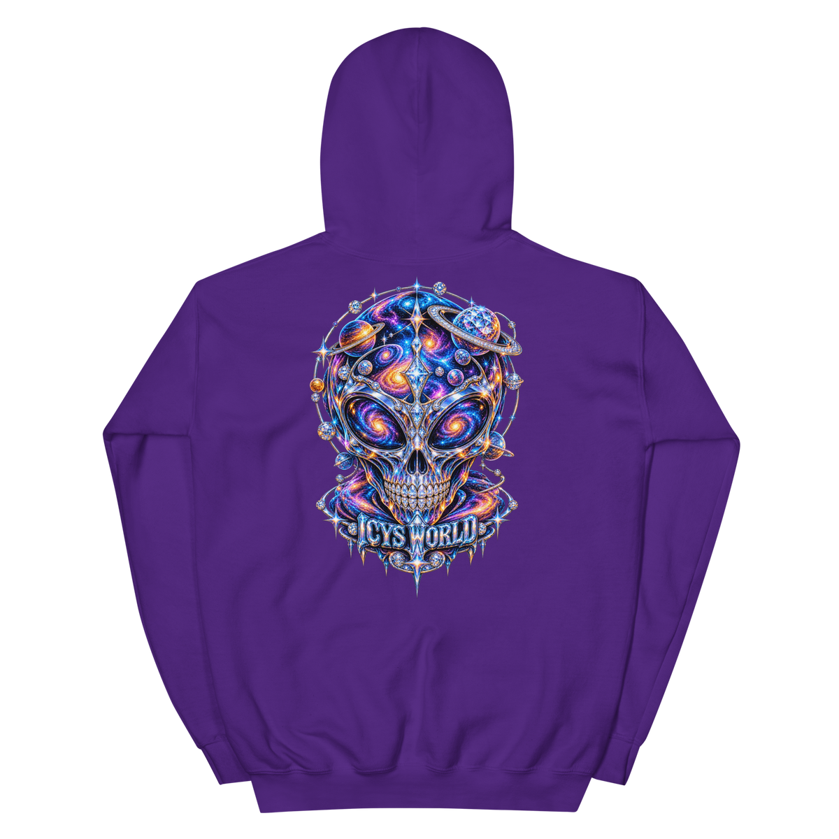 ICYS WORLD Galaxy Skull Hoodie – iced-out streetwear graphic hoodie, purple, back view