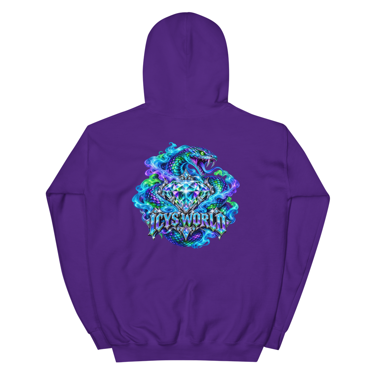 ICYS WORLD Diamond Serpent Hoodie – iced-out streetwear graphic hoodie, purple, back view