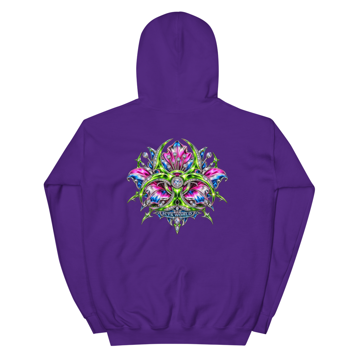 ICYS WORLD Alien Locust Hoodie – iced-out streetwear graphic hoodie, purple, back view