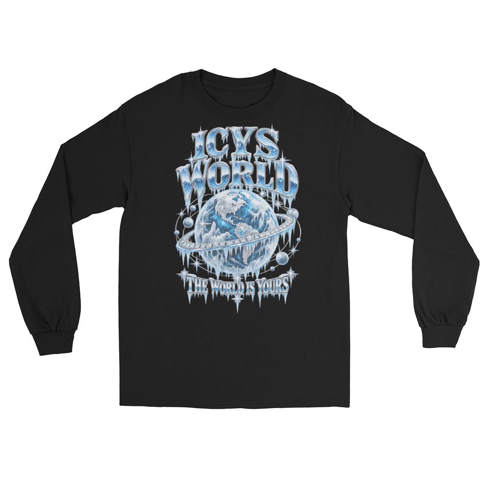 ICYS WORLD Globe Long Sleeve – iced-out streetwear long sleeve graphic tee, black, front view