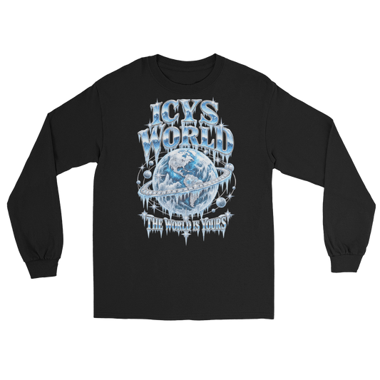ICYS WORLD Globe Long Sleeve – iced-out streetwear long sleeve graphic tee, black, front view