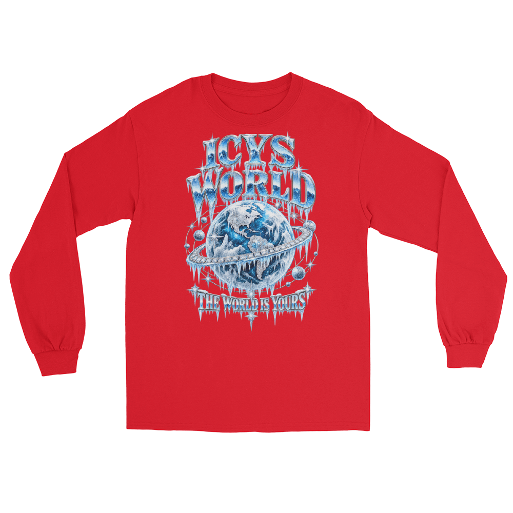 ICYS WORLD Globe Long Sleeve – iced-out streetwear long sleeve graphic tee, red, front view