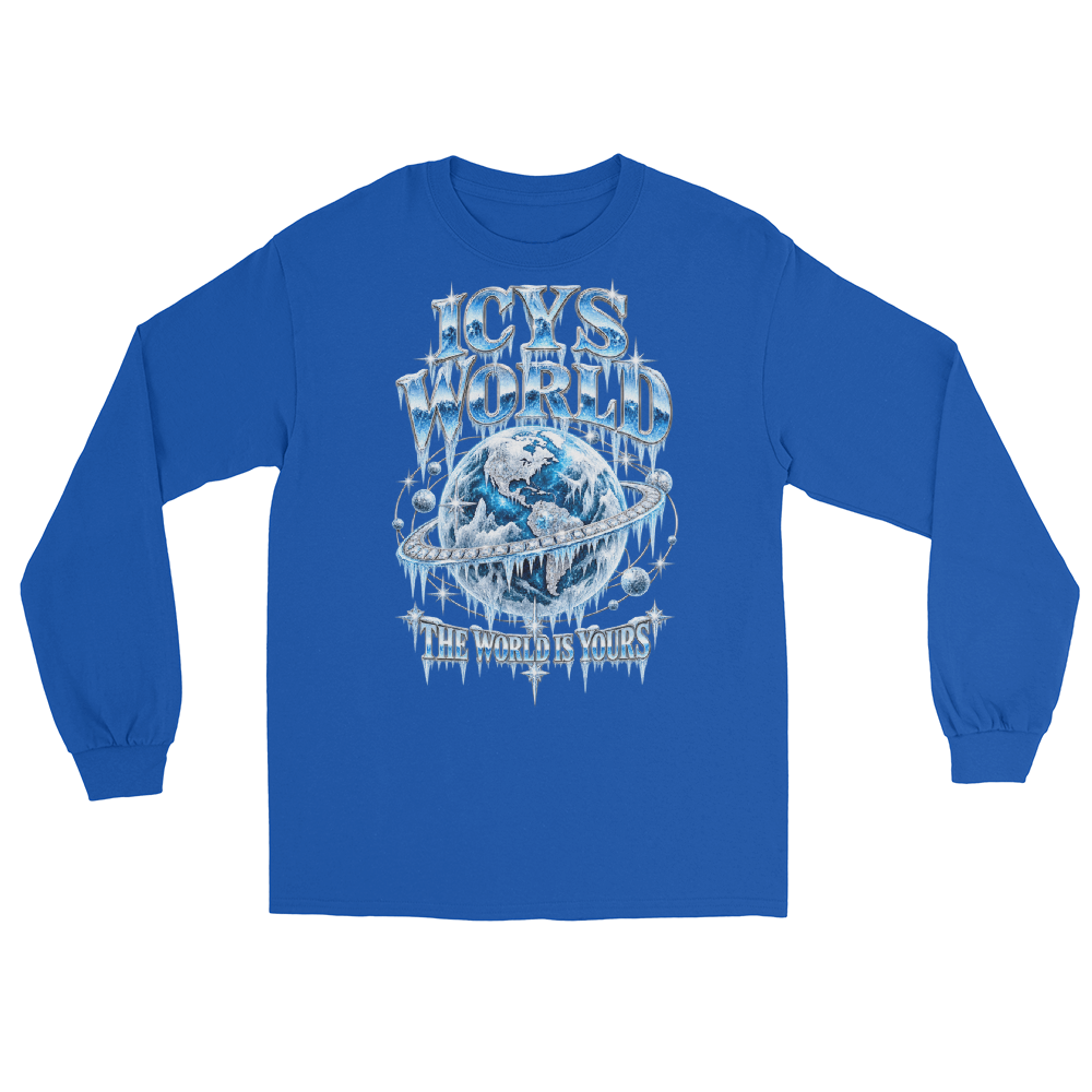 ICYS WORLD Globe Long Sleeve – iced-out streetwear long sleeve graphic tee, royal, front view